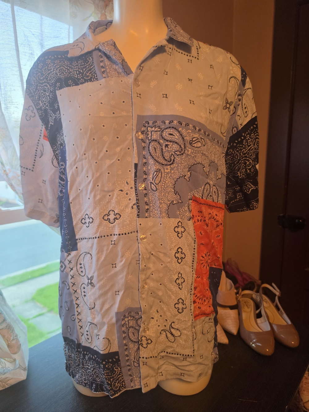 No Boundaries Patchwork Bandana Short-Sleeve Shirt - Light Blue, Navy & Orange
